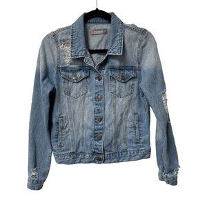 2SABLE JEAN JACKET DISTRESSED BUTTON UP POCKETS SIZE M DENIM BLUE 100% COTTON